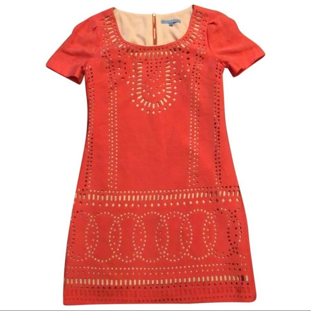 Antonio Melani | Coral with Beige Laser Cut Short Shift Dress